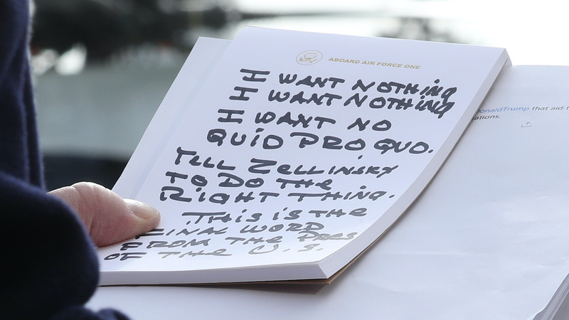 President Donald Trump’s handwritten notes seen outside the White House on November 20, 2019